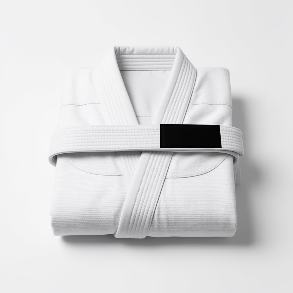 Folded white BJJ gi with white belt — included free with the on-ramp package